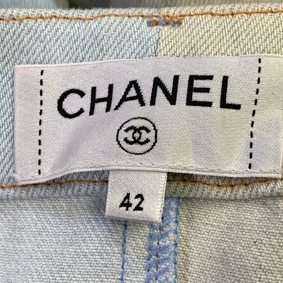 CHANEL Size 10 Blue Grey Cotton Button Up Wide Leg Casual Pants - Picture 5 of 8